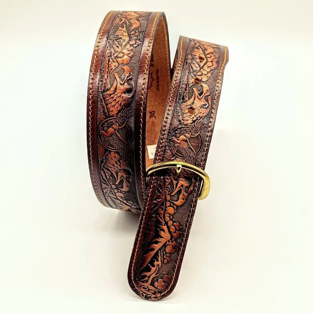 Dixie USA Leather Hand-Tooled Eagles Brown Belt NWOT